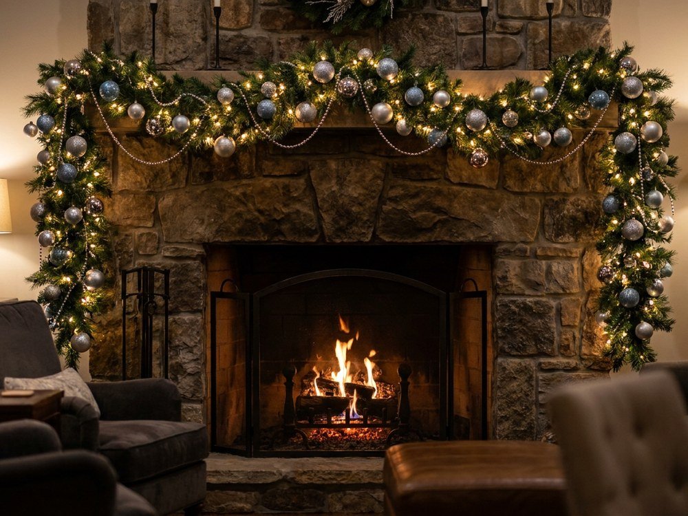 Pre-lit Christmas garland with ornaments draped across a fireplace mantel