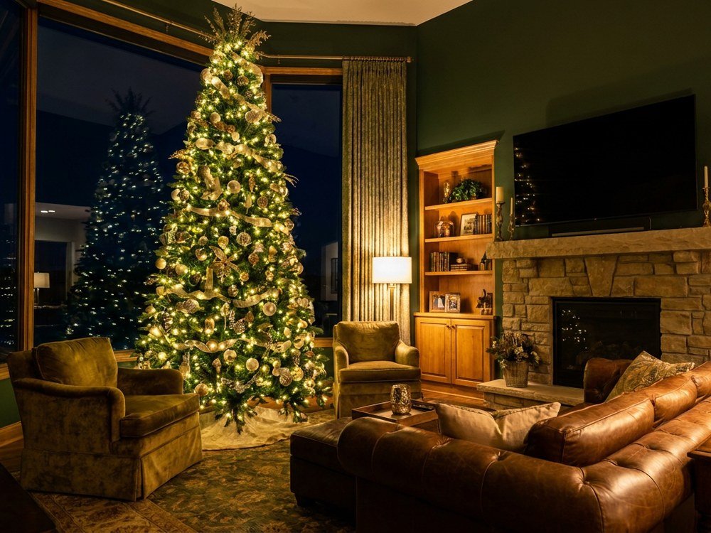 Fully decorated Christmas tree with matching ribbon, ornaments, and built-in lights