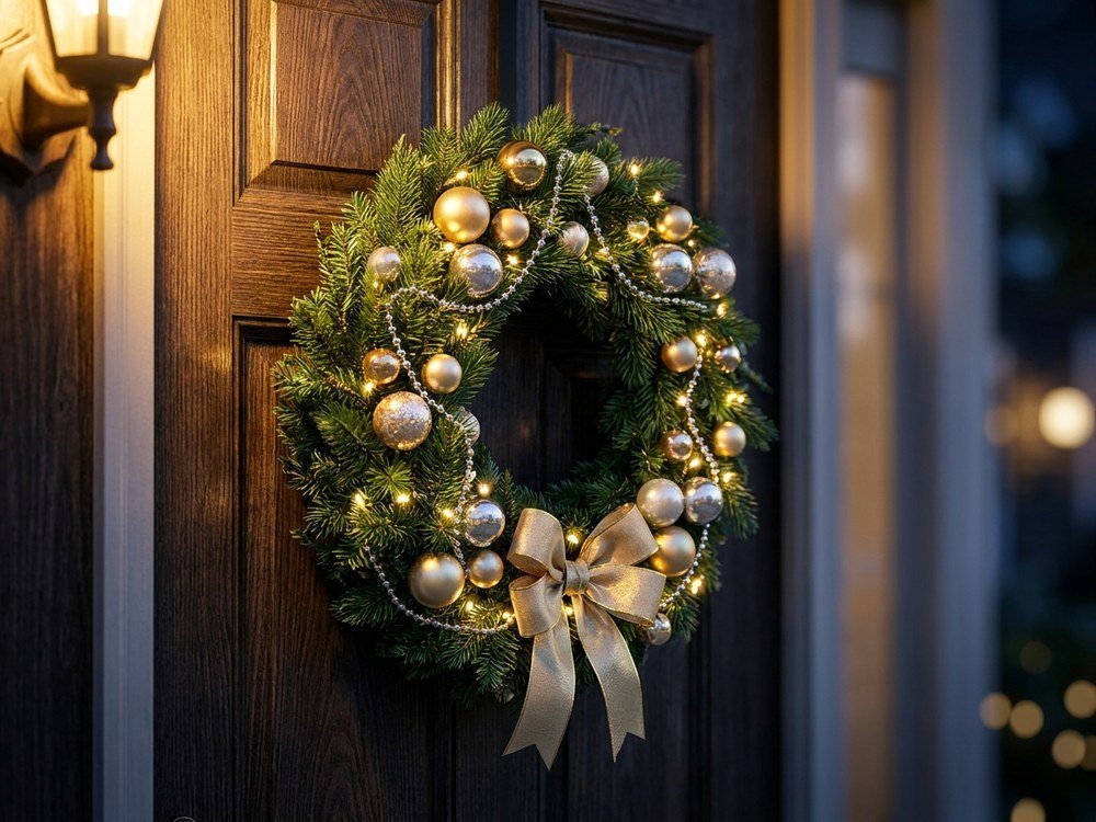 Lit Christmas wreath with gold and silver ornaments hanging on a front door
